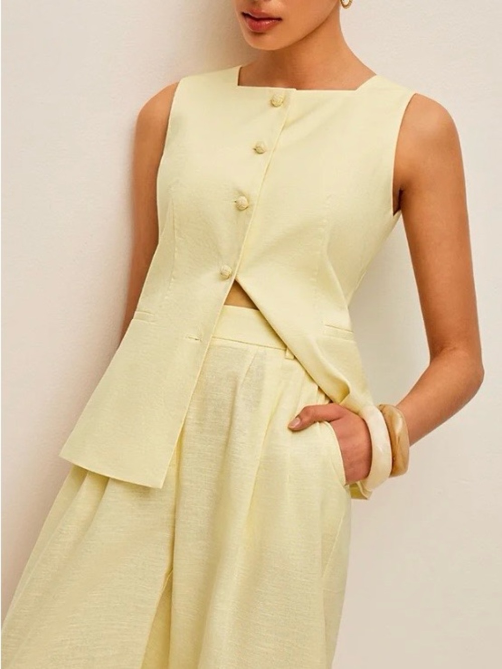 Commense Pale Yellow Sleeveless Button Top